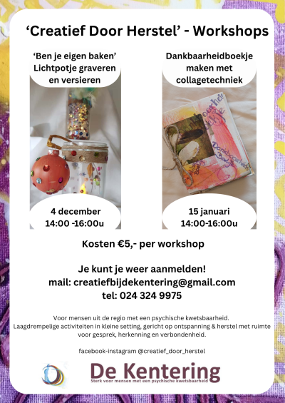 De Kentering is een laagdrempelig steunpunt voor en door mensen met een psychische kwetsbaarheid en hun naasten. Vanuit dat oogpunt start er een nieuwe cursus. ‘Uit Liefde voor Mezelf’ Voel jij oo